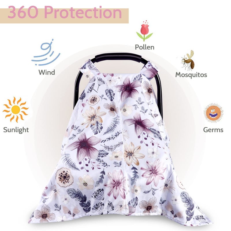 Jundetye Baby Car Seat Cover, Peekaboo Opening Spring Car Seat Canopy for Baby Girls Boys, Mom Nursing Breastfeeding Covers, Blanket for Infant, Purple Watercolor Flower - Image 3